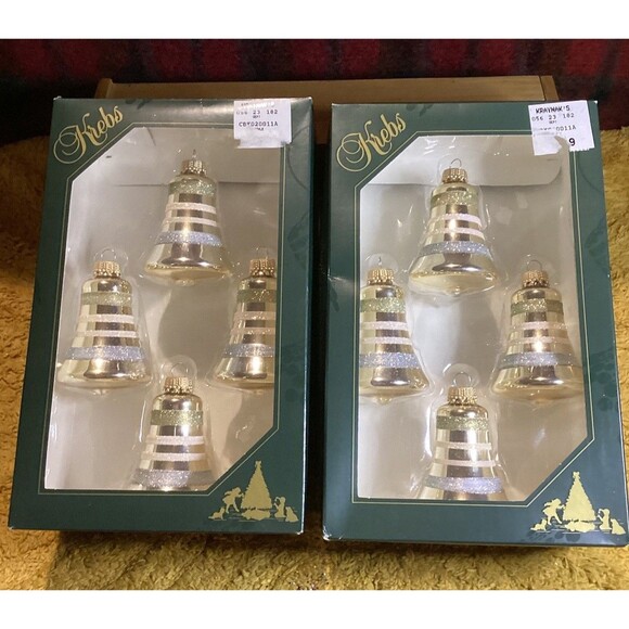 KREBS Glass Christmas Ornaments Tiffany Chiffon Bells Glitter Stripes 2 Boxes - Picture 1 of 10